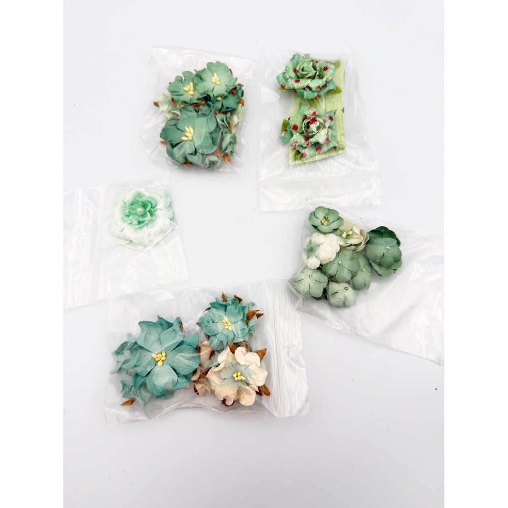 Green Teal Craft Flowers mixed Lot Paper Fabric Scrapbooking Embellishments‎ DIY
